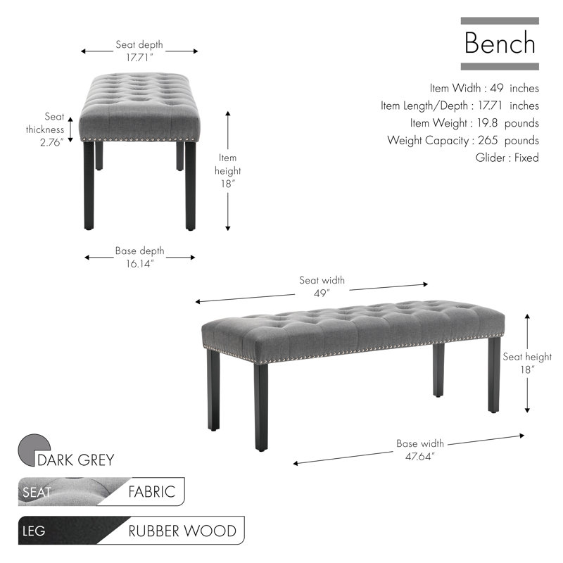 Kinberli Fabric Tufted Bench with Rubberwood Legs, Dark Gray