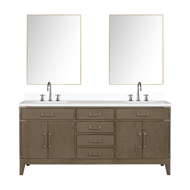 Ensemble de miroirs de salle de bain double 72 po x P 22 po Laurel, Marbre de culture blanc, Chêne gris