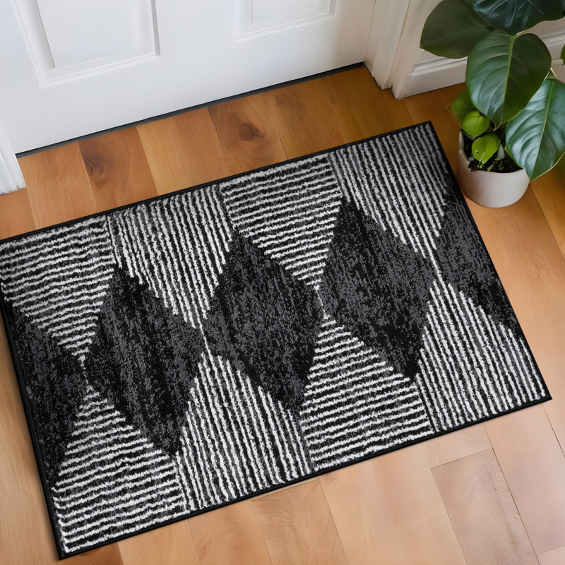 Tapis noir à rayures géométriques ivoire, Rectangle 2 pi x 3 pi