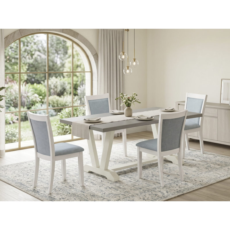 Ensemble de table de salle à manger 7 pièces comprenant une table de salle à manger et 6 chaises de salle à manger en lin crème avec dossier haut - Lin brossé blanc