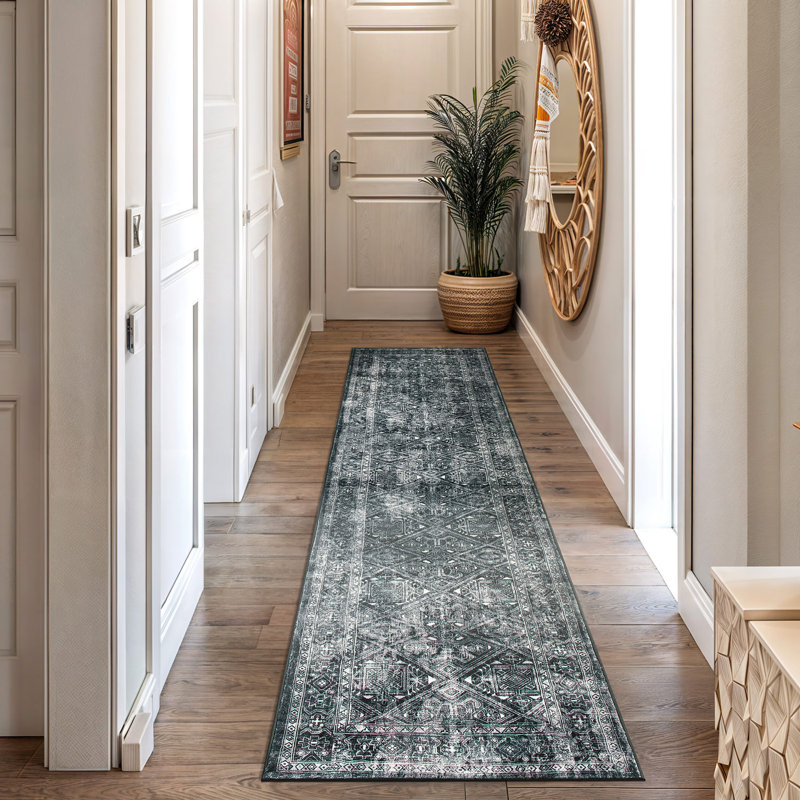 Transitional Bohemian Distressed Washable Non Slip Area Rug, Runner 2' x 10'