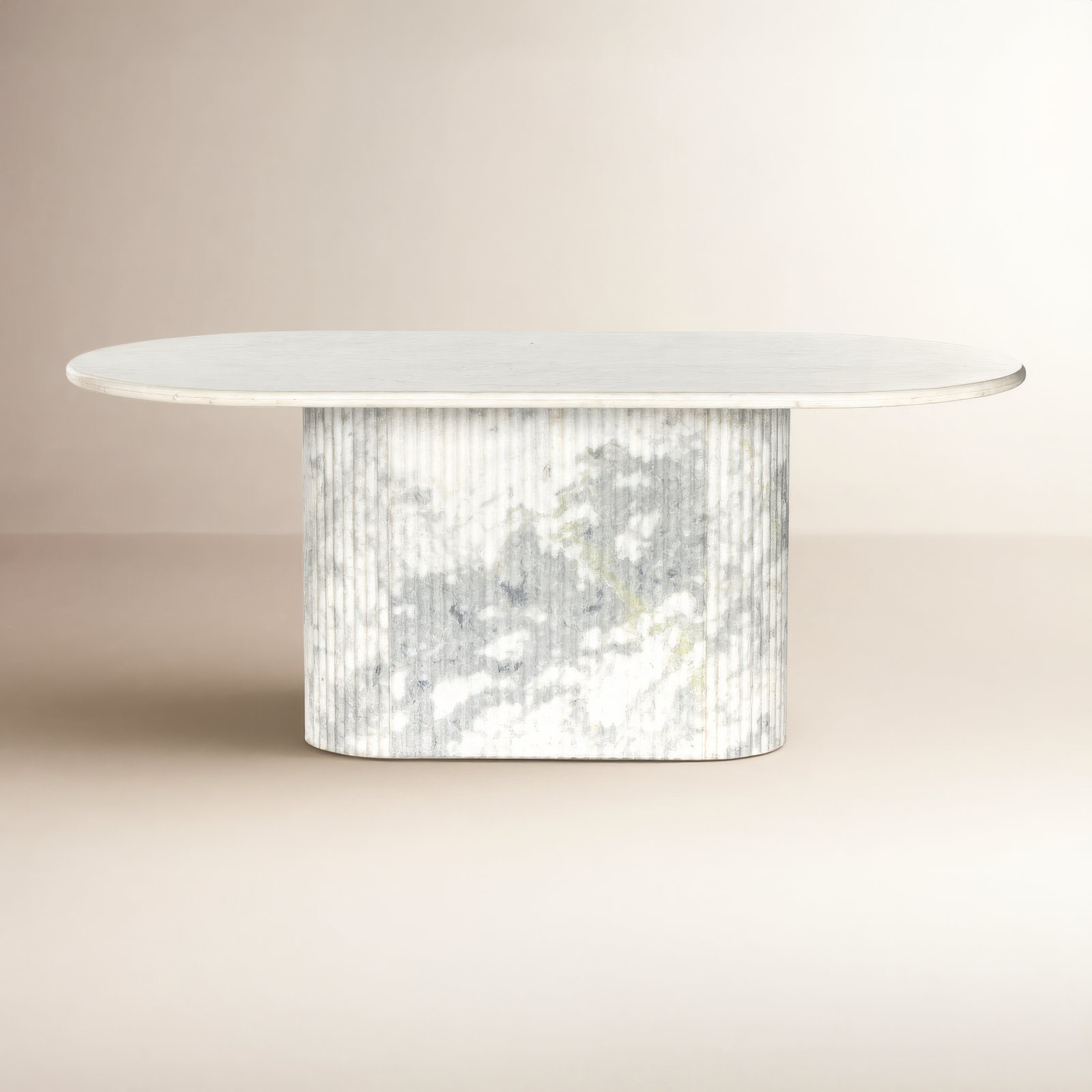 Holloman 74'' Oval Marble Dining Table, Polished White Marble/White Scalloped Marble