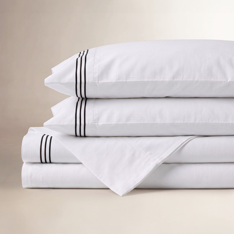 Brandon Cotton Three-Line Embroidered Deep Pocket Bed Sheet Set by Superior, Full Sheet Set with 2 Pillowcases, White/Black