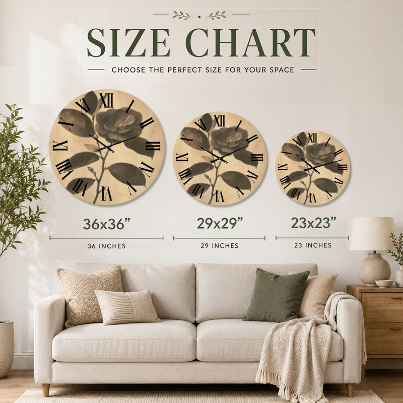 Horloge murale vintage en bois massif Sepia Camellia Bloom, Grand
