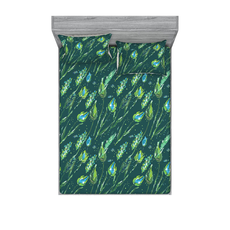 Ambesonne Fitted Sheet & Sham Bohemian Jungle Fern Green and Dark Teal, California King Sheet Set with 2 Pillowcases