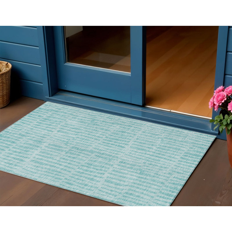 Tapis bleu sarcelle et turquoise à rayures 3 pi x 5 pi
