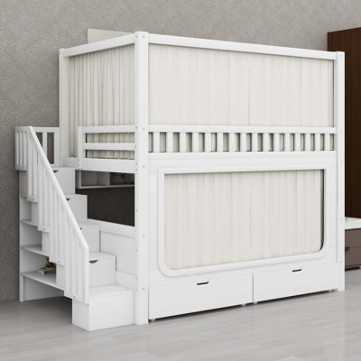 Lit superposé avec rideaux d'intimité, lumières DEL sous le lit, escalier de rangement et tiroirs