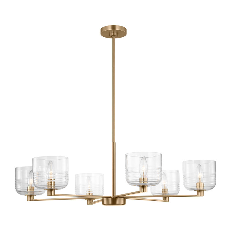 Lochdale Dining Room Chandelier With Clear Ribbed Shade, 6 Lights, 10.25" H x 33.875" W x 33.875" D, Satin Brass