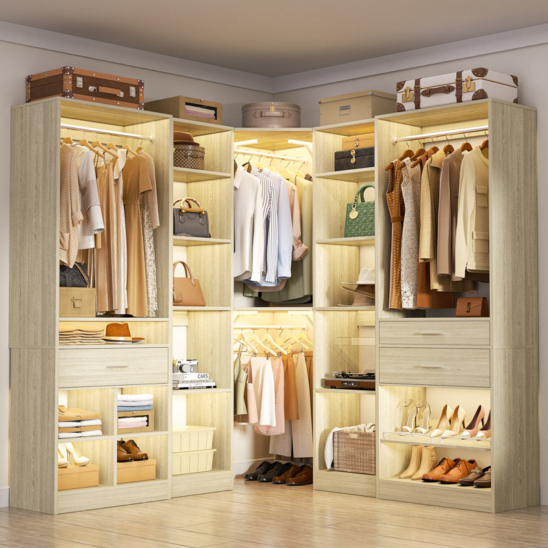 89" × 39" Freestanding Corner Closet System With Shoe Racks & Hanging Rods, White Wood