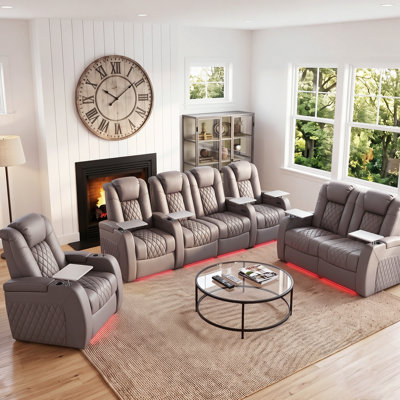 Genuine Leather Zero Gravity Power Reclining Living Room Set with Adjustable Headrests, 7-Color LED Lights, USB Ports & Storage