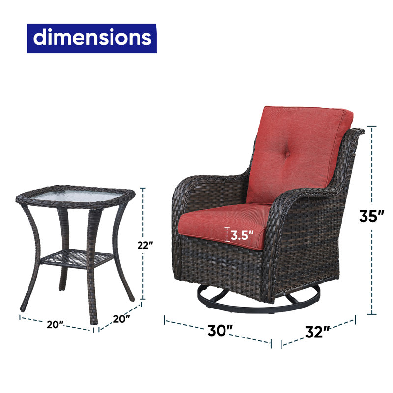 Schutt 3 Piece Patio Set Outdoor Wicker Glider Rocking and Swivel Chairs with Cushions, Brown, Red