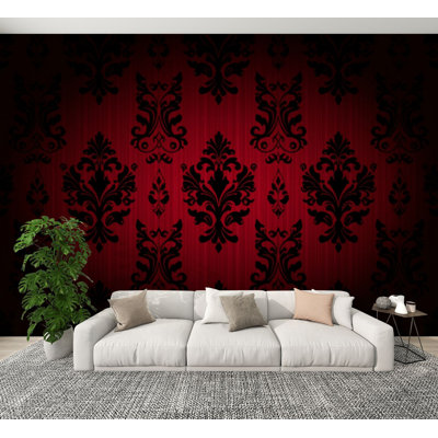 Papier peint adhésif mural rétro vintage rouge foncé noir gothique H 100 po x l 144 po, papier peint amovible en PVC auto-adhésif pour chambre à coucher, bureau à domicile