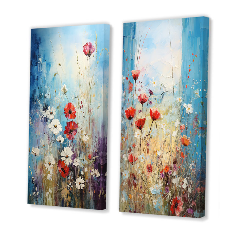 Ensemble de 2 impressions sur toile rouges et blanches «Meadow View I», H 28 po x l 25 po, Toile tendue