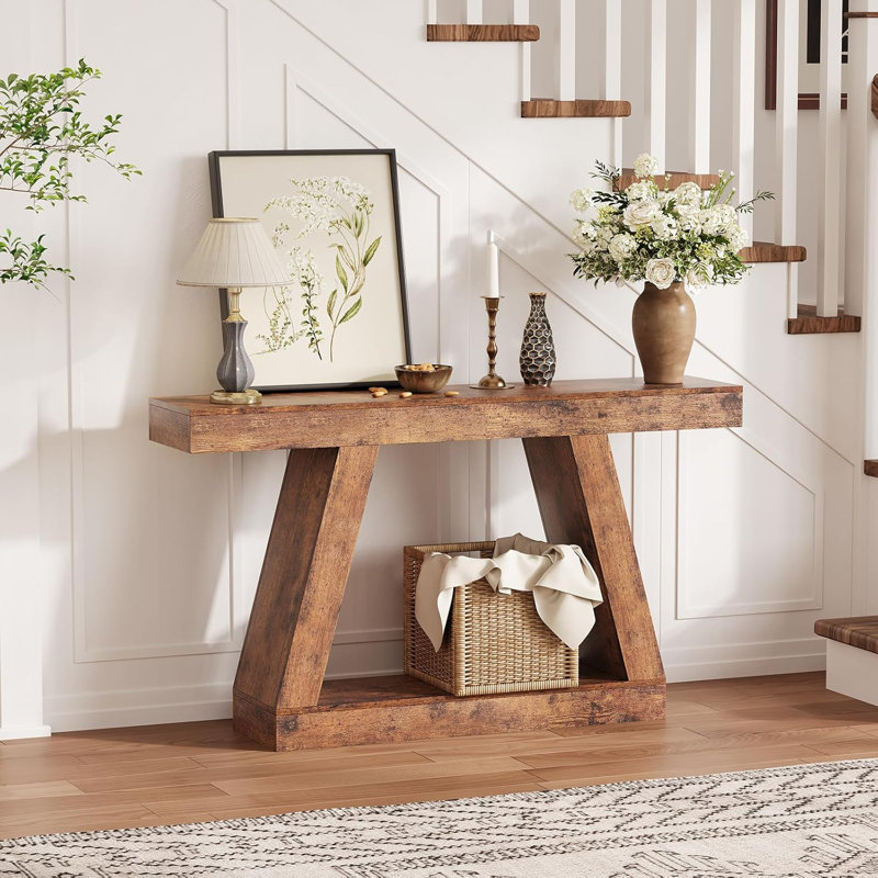55" Narrow Console Table, 2-Tier Entryway Table for Hallway, Living Room, Foyer & Office, Brown Wood