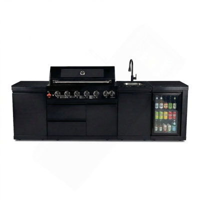6-Burner 85000 BTU Deluxe Stainless Steel Propane Gas Outdoor Kitchen Bar Barbecue Island Grill + Wine Cooler Compact Refrigerator + Marble Countertops + Stainless steel Sink