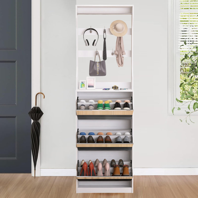 Mirror Hall Tree With 3 Flip-Tier Drawers, Hooks&Hangers