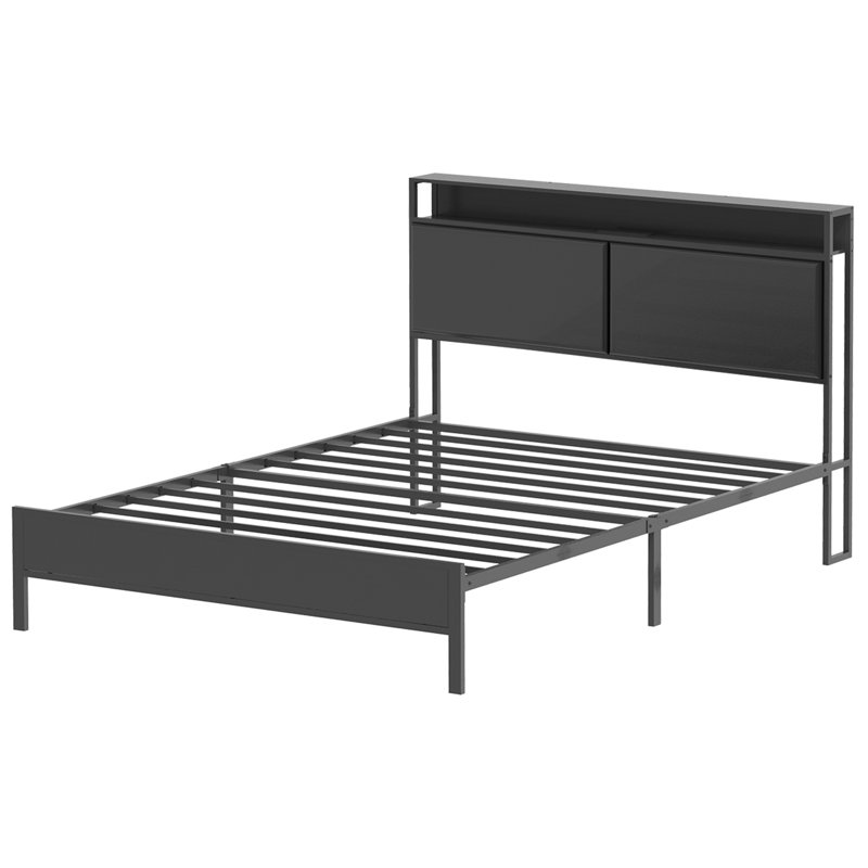 Jeffory Bed with Storage Headboard and Integrated Charging Station , Twin, Black
