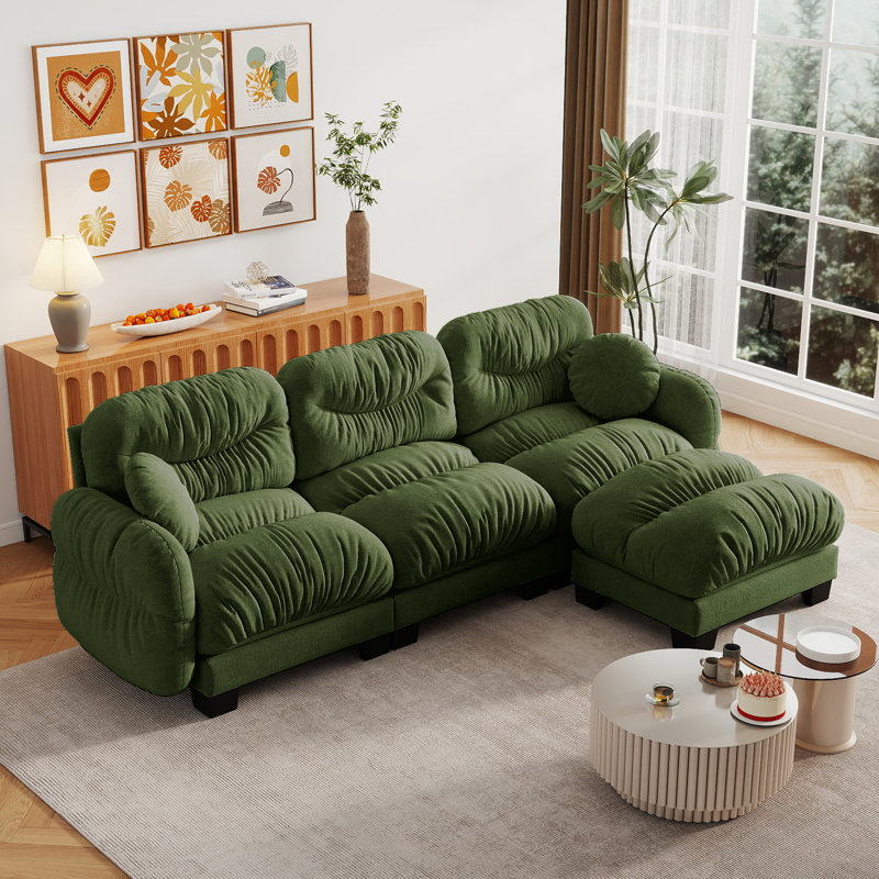 116" Chenille L-Shaped Couch Modular Sectional Sofa with Ottoman, Green