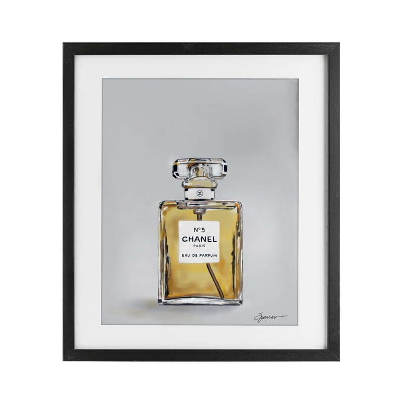 Parfum de luxe élégant, impression sous verre encadrée, design par Mary Sparrow, H 16 po x l 13 po, Cadre noir minuit