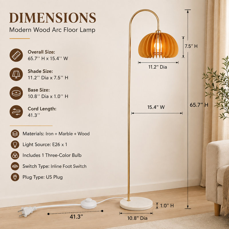 Lampe sur pied arquée dorée avec abat-jour en bois d'oranger, 167 cm de hauteur, base en marbre et ampoule E26 à trois couleurs incluse.