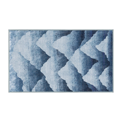 Tapis bleu en chenille / polyester tissé à la main à motif abstrait Eponine