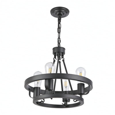 Luminaire suspendu à quatre lumières, roue de chariot, luminaire suspendu circulaire en métal noir avec chaîne de 39,5 pieds, éclairage extérieur moderne de style industriel convenant aux abris de jardin, aux chambres et aux salles à manger