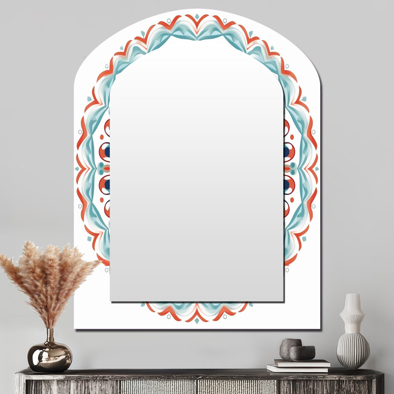 Mandala sacré en rétro bleu et orange I - Miroir décoratif géométrique en arche sur métal, 43 po x 33 po