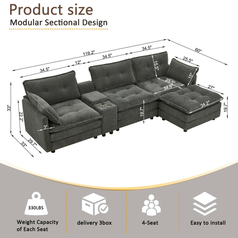 Canapé modulaire surdimensionné en forme de L de Boneless de 119 po avec repose-pieds et console, Gris