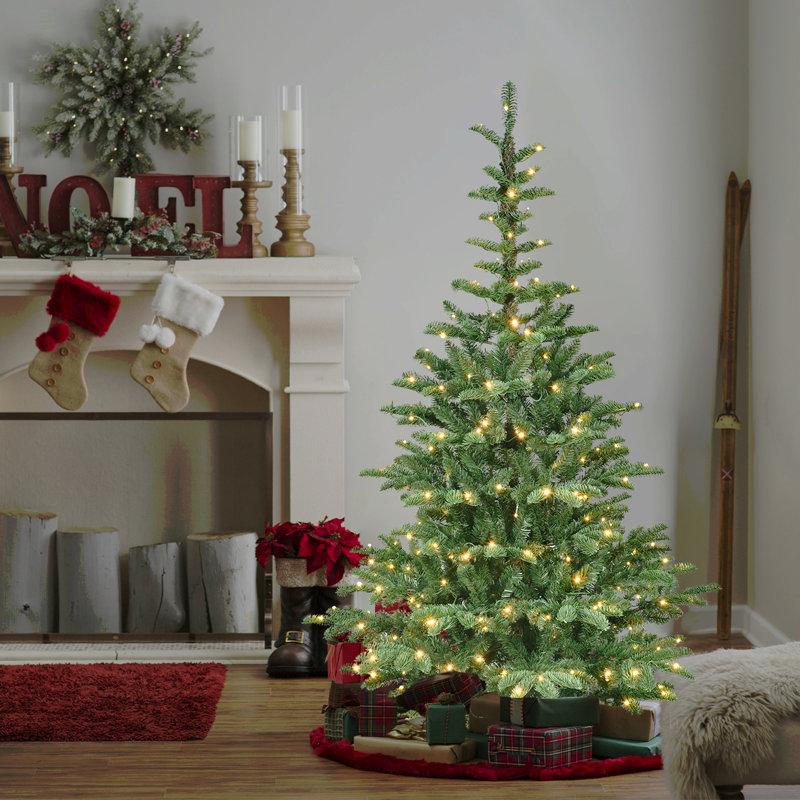 Arbre de Noël illuminé 7 pi avec 400 lumières DEL chaudes, 941 pointes en PE + PVC, aspect Laye réaliste, base en bois unique - arbre de Noël artificiel complet pour la décoration intérieure