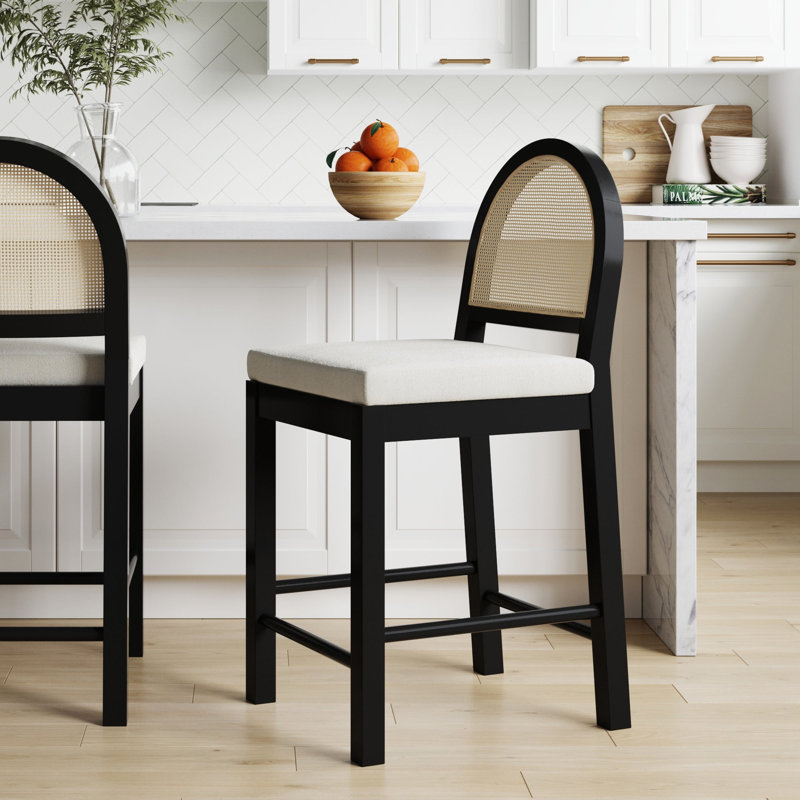 Boucle Upholstered Bar Stool with Woven Rattan Backrest, Counter Stool (24” Seat Height), Cream/Black Oak, 1