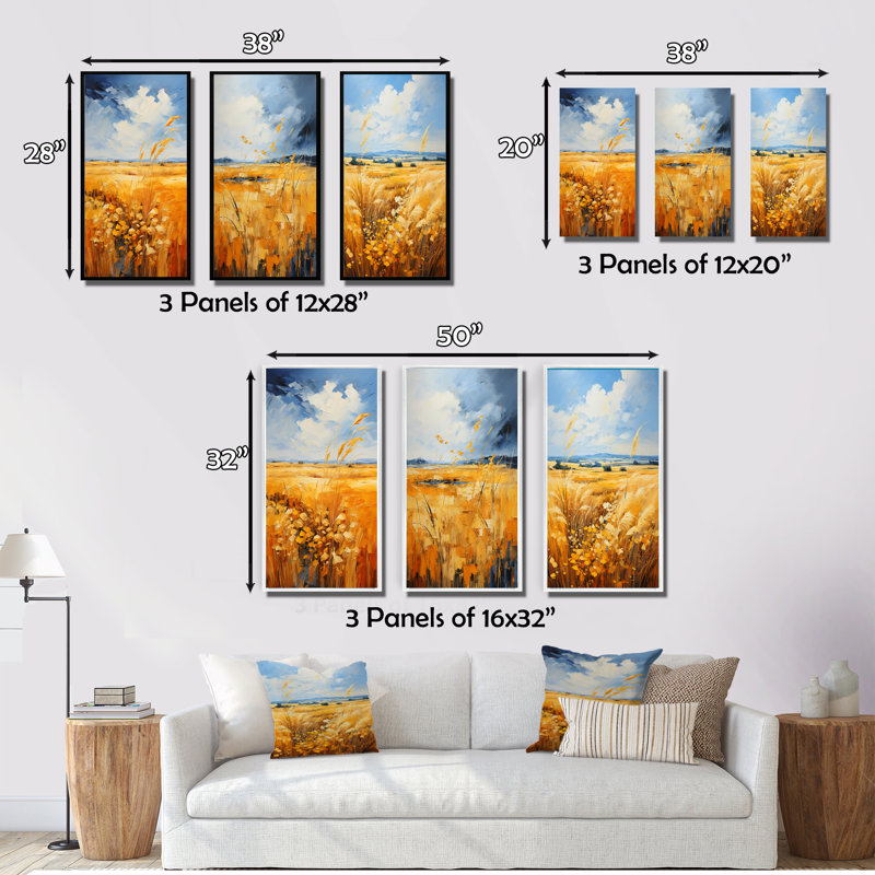 «Yellow Blue» Bold Sky and Golden Prairies - ensemble de 3 impressions, Cadre flottant noir, H 28 po x l 36 po