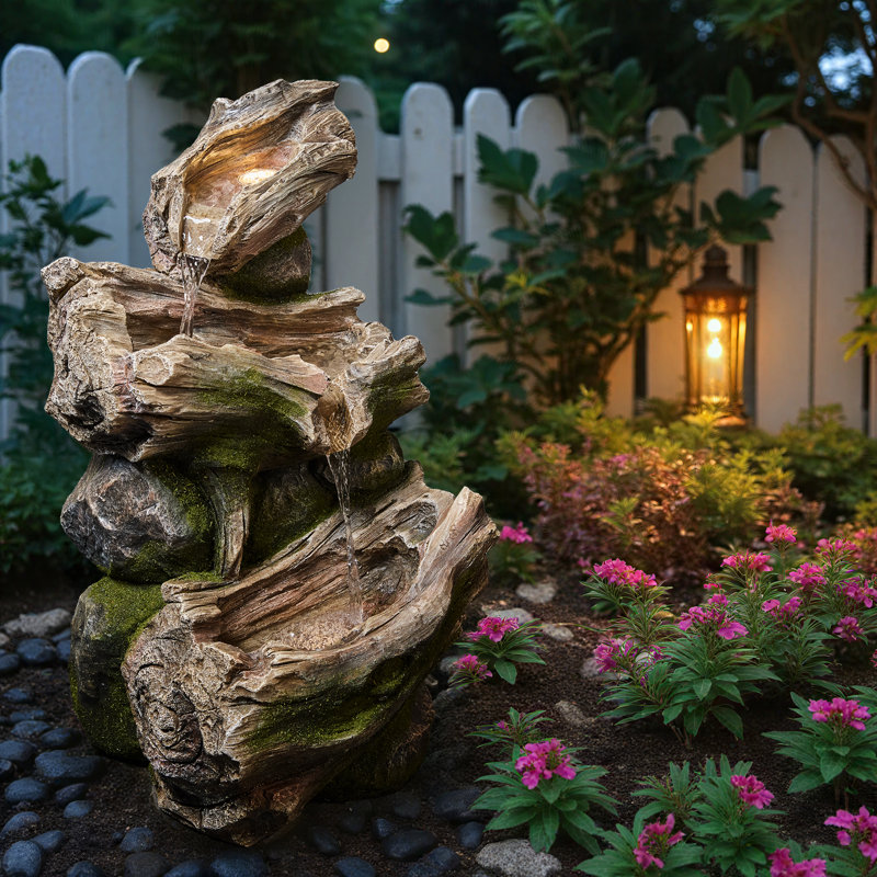 Outdoor Resin Water Fountain with LED Light, Multi-Tier Cascading Driftwood Design for Garden & Patio