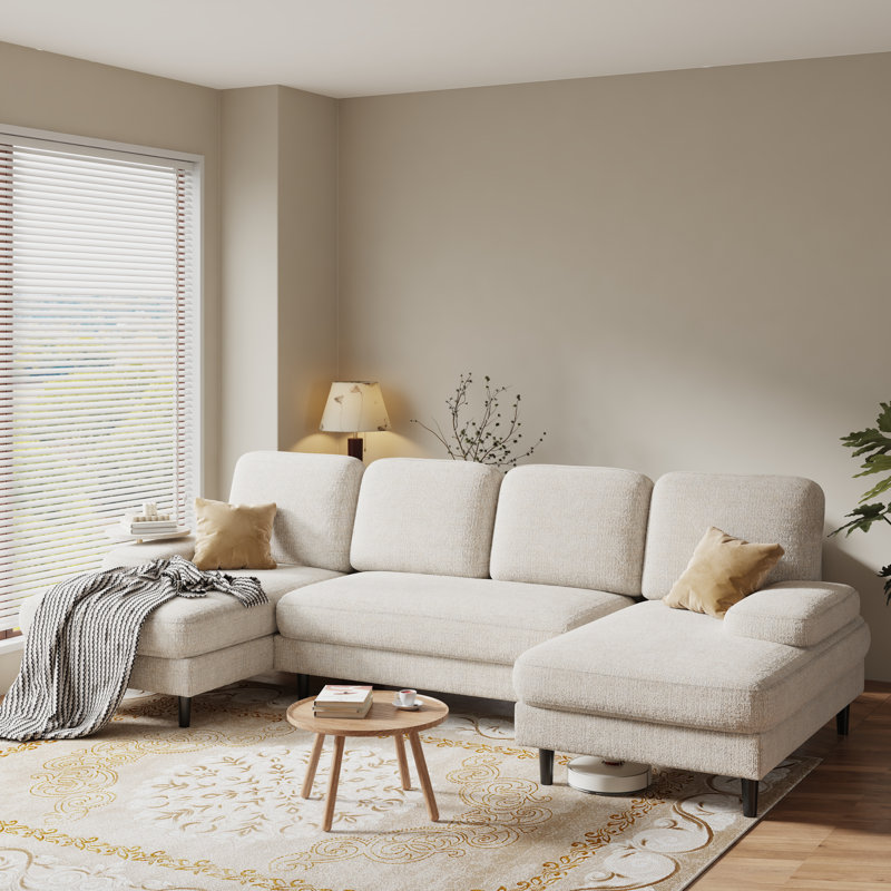 Modern Sectional Couches, U-Shaped Sofa Couch for Living Room, 4 Seat Sofa Set with Double Chaise for Apartment, Beige