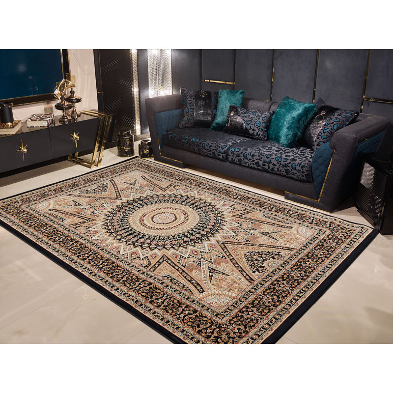 Tapis oriental noir / brun intérieur / extérieur Turkuaz, Rectangle 3 pi 11 po x 5 pi 7 po