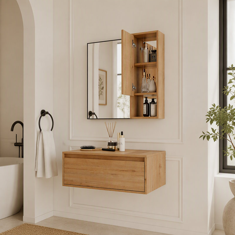 Coiffeuse murale 30 po avec miroir et rangement, porte à fermeture douce, structure en aluminium noir, conception peu encombrante