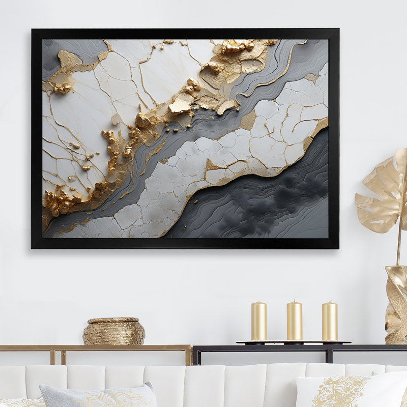 Minimalisme, or blanc et poteries abstraites - art mural spirales, Cadre simple noir, H 34 po x l 44 po x P 1,5 po