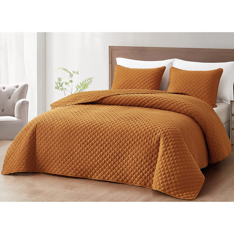 Teo Diamond Stitch Microfiber Quilt Set, King Quilt + 2 King Shams, Spice