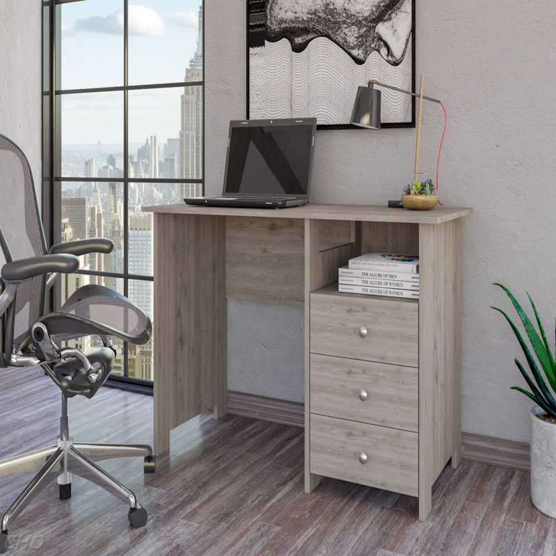 Bureau d'ordinateur avec tablette de rangement ouverte et 3 tiroirs