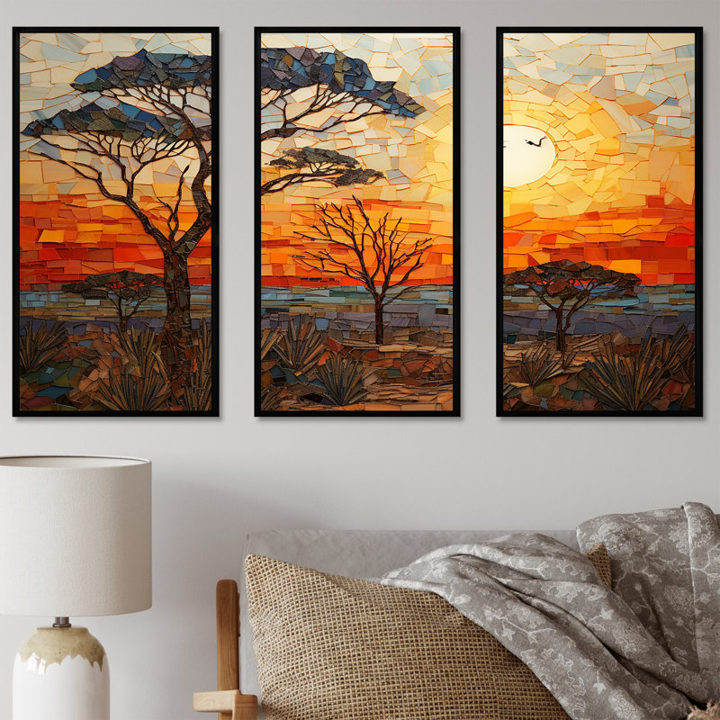 Savannah, coucher de soleil en safari africain dans les teintes 1 - décoration murale mosaïque bohème, Cadre flottant noir