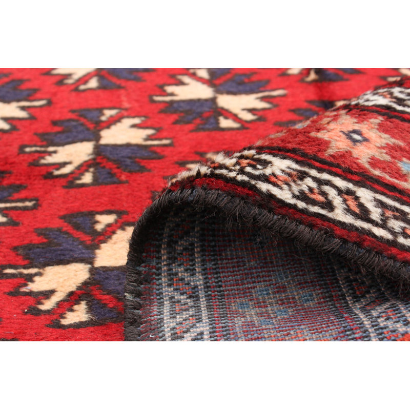 Tapis décoratif en laine rouge de conception unique 4 pi 3 po x 6 pi 11 po Borislavka noué à la main 1980s