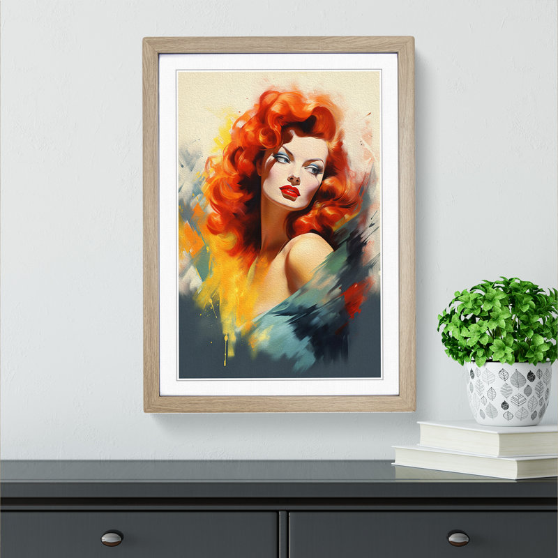 Red Headed Woman Modern - Single Picture Frame Print on Wood, Oak Framed, 34cm H x 25cm W x 2cm D