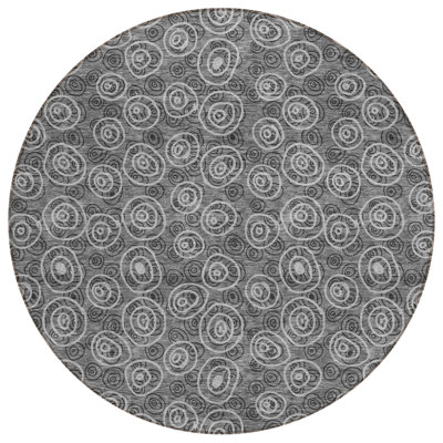 8' Gray Charcoal Round Geometric Washable Indoor Outdoor Area Rug