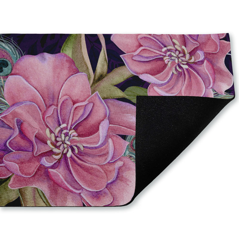 Tapis de porte d'extérieur imprimé plumes de paon Midnight Garden, par Nicole Tamarin, 18 po x 30 po