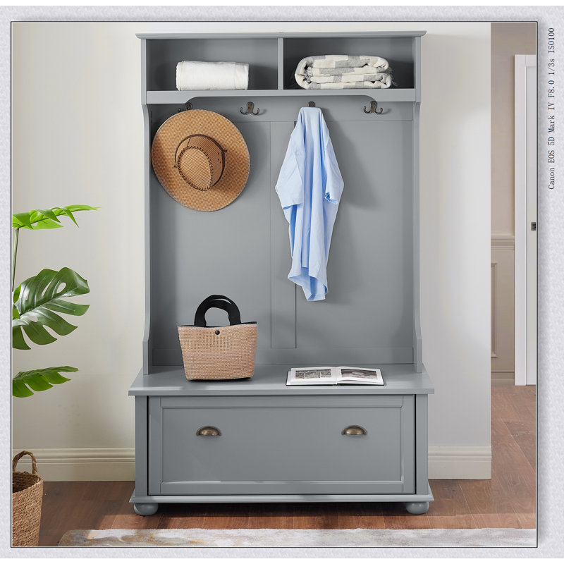 Modern Classic Hall Tree with Shoe Rack, Bench, and Coat Hooks for Entryway Storage and Organization, Gray