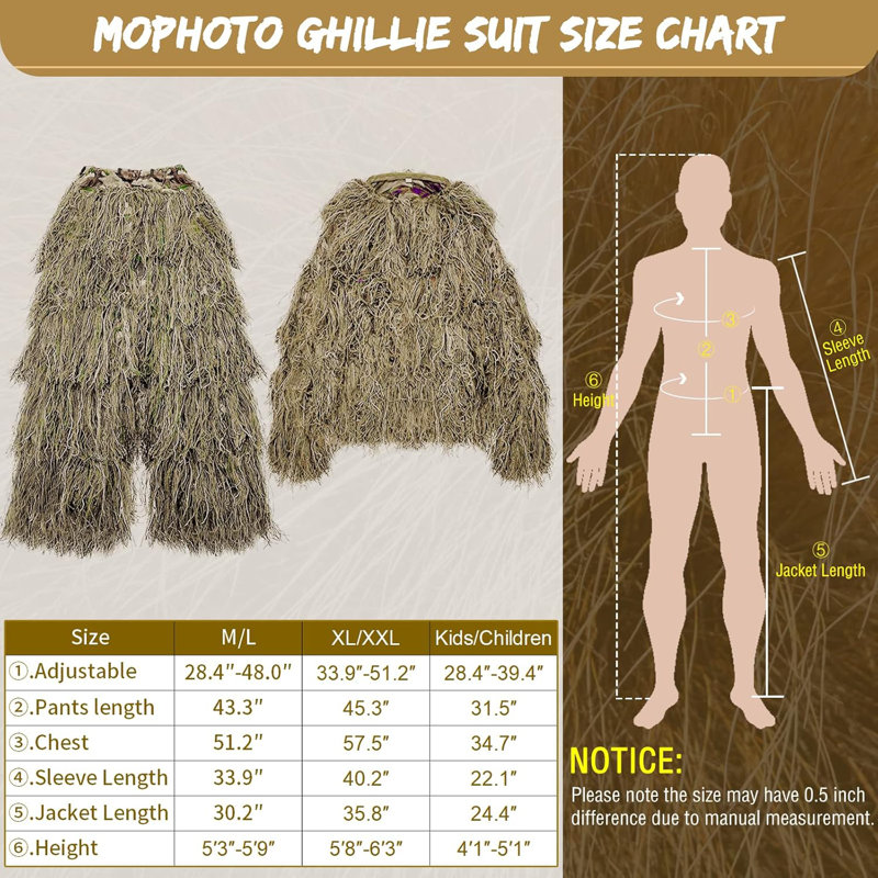 5-in-1 Ghillie Suit, 3D Camouflage Hunting Apparel for Adults and Youth, with Carry Bag, 75"H x 57.5"W x 42.1"D