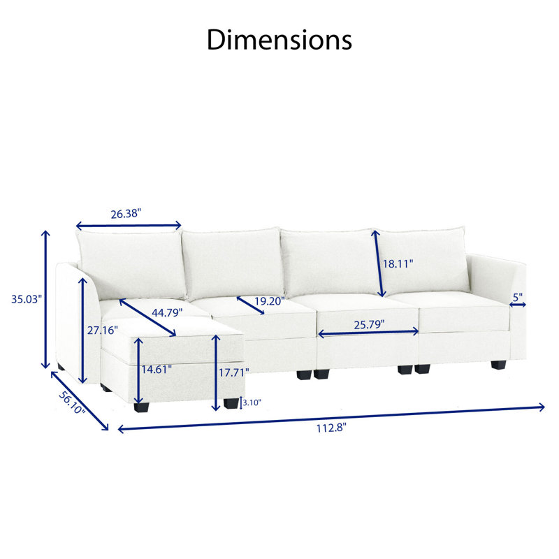 Hailsham Convertible 4 Seater L-Shaped Modular Linen Sofa Sectional with 2 Ottoman for Living Room, White