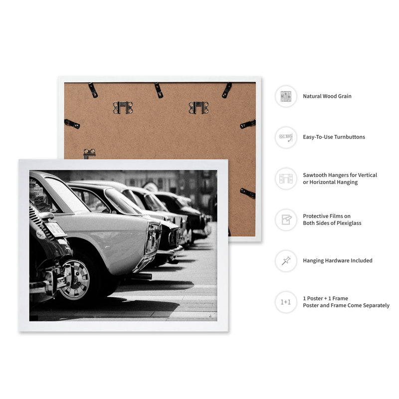 Parked Classic Cars, H 12 po x l 16 po, Affiche, Encadrement blanc