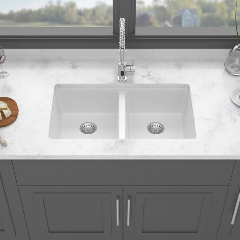 Quartz Kitchen Sink - 33" X 19" White Granite Composite Undermount Kitchen Sink Double Bowl(50/50), White