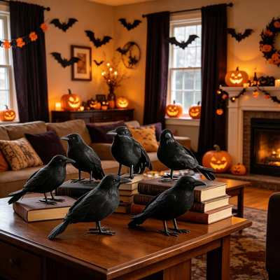 6 PCS plumes noires corbeaux réalistes faits à la main corbeaux accessoires de décoration de fête d'Halloween pour les décorations intérieures et extérieures oiseaux (noir, 6 paquets)