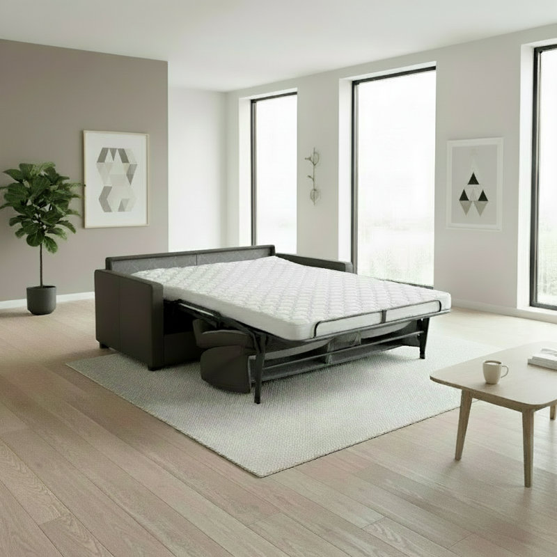 Canapé-lit à accoudoirs carrés en cuir véritable à grain carré de 77 po avec matelas en mousse à mémoire de forme Adalise Italian